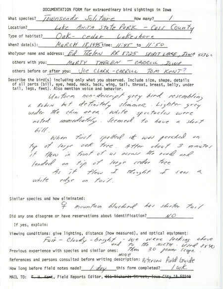 Rare bird documentation form for a Townsend's Solitaire at Lake Anita State Park in Cass County, IA on March 18, 1995.