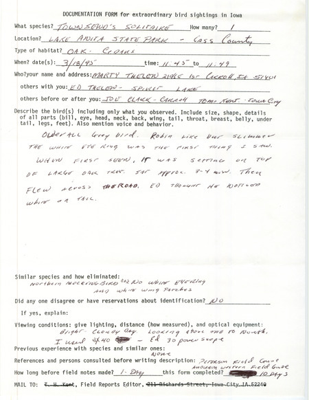 Rare bird documentation form for a Townsend's Solitaire at Lake Anita State Park in Cass County, IA on March 18, 1995.