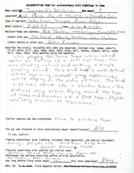 Rare bird documentation form for a Townsend's Solitaire southwest of Washta in Cherokee County, IA on February 23, 1997.