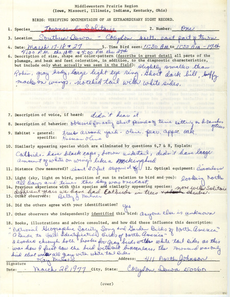 Rare bird documentation form for a Townsend's Solitaire northeast of Corydon in Wayne County, IA on March 17, 18, and 27, 1977.
