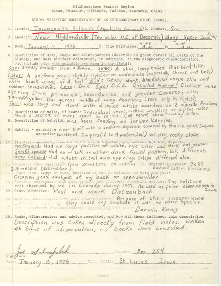Rare bird documentation form for a Townsend's Solitaire near Highlandville in Winneshiek County, IA on January 15, 1978.