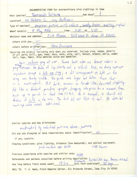 Rare bird documentation form for a Townsend's Solitaire at southeastern Webster County, IA on May 5, 1986.