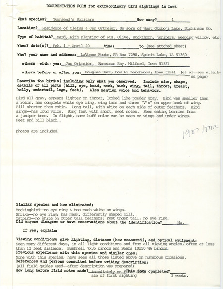 Rare bird documentation form for a Townsend's Solitaire at West Okoboji Lake in Dickinson County, IA from February 1 to April 20, 1987.