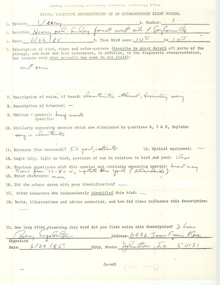 Rare bird documentation form for a Veery in a oak-hickory forest on the west side of Saylorville Lake in Polk County, IA on June 29, 1985.