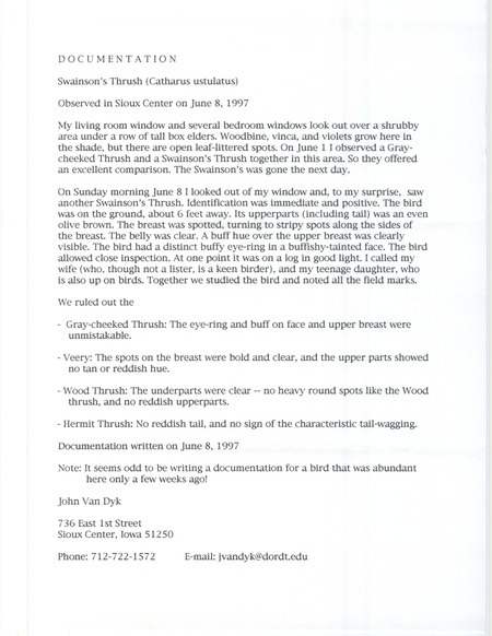 Rare bird documentation form for a Swainson's Thrush at Sioux Center in Sioux County, IA on June 8 ,1997.