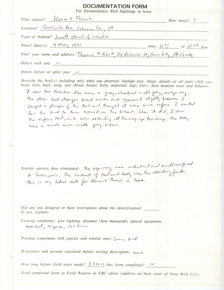Rare bird documentation form for a Hermit Thrush at Coralville Reservoir in Johnson County, IA on May 4, 1991.
