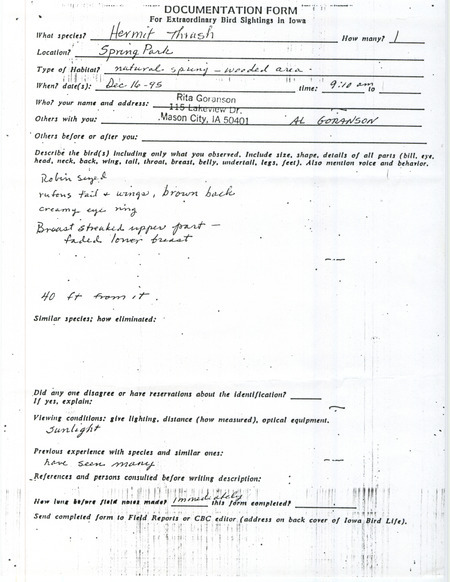 Rare bird documentation form for a Hermit Thrush at Osage Spring Park in Mitchell County, IA on December 16, 1995.