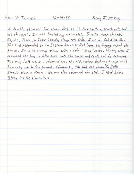 Field notes describing the observation of a Hermit Thrush east of Cedar Rapids in Linn County, IA on December 19, 1998.