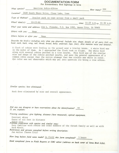 Rare bird documentation form for an Albino American Robin at Clear Lake in Cerro Gordo County, IA on October 15, 1990.