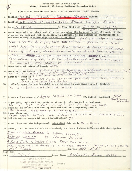 Rare bird documentation form for a Varied Thrush at the northeast shore of Ingham Lake in Emmet County, IA on November 28, 1976.