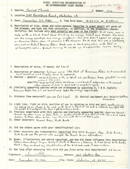 Rare bird documentation form for a Varied Thrush at Waterloo in Black Hawk County, IA on December 27, 1980.