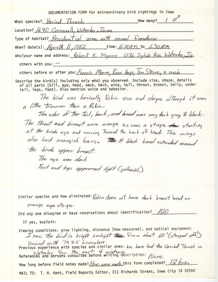 Rare bird documentation form for a Varied Thrush at Waterloo in Black Hawk County, IA on April 11, 1982.