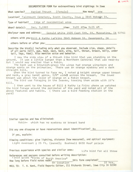 Rare bird documentation form for a Varied Thrush at Fairmount Cemetery in Davenport in Scott County, IA on December 3, 1983.