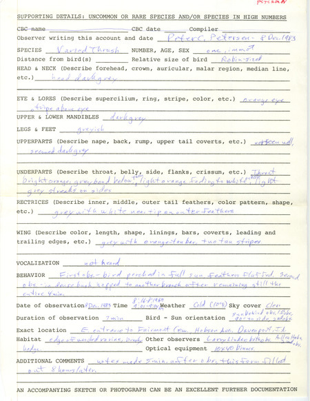 Rare bird documentation form for a Varied Thrush at Fairmount Cemetery in Davenport in Scott County, IA on December 8, 1983.