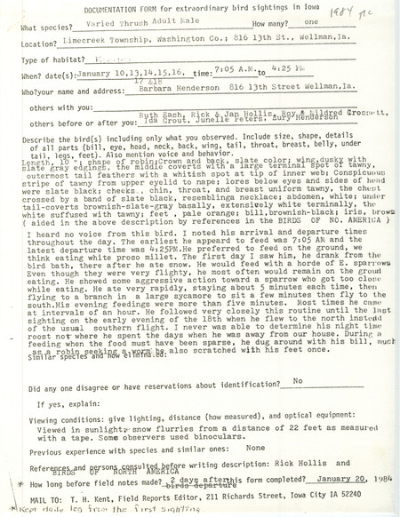 Rare bird documentation form for a Varied Thrush at Lime Creek Township in Washington County, IA on January 10, 13, 14, 15, 16, 17, and 18, 1984.