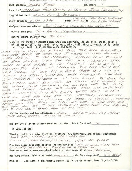 Rare bird documentation form for a Varied Thrush at MacBride Nature Recreation Area in Johnson County, IA on November 4, 1990.