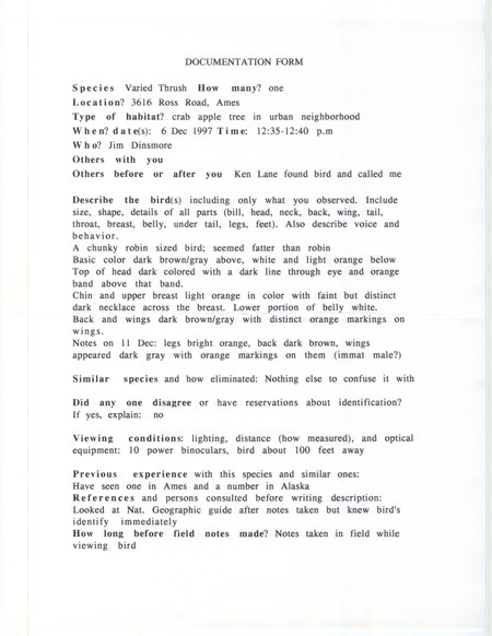Rare bird documentation form for a Varied Thrush at Ames in Story County, IA on December 6, 1997.