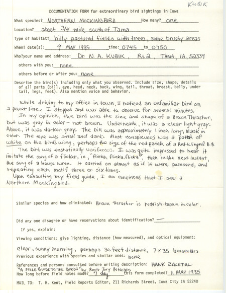 Rare bird documentation form for a Northern Mockingbird south of Tama in Tama County, IA on May 9, 1985.