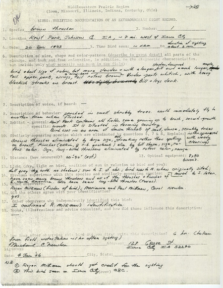Rare bird documentation form for a Brown Thrasher at Kent Park in Johnson County, IA on December 20, 1975.