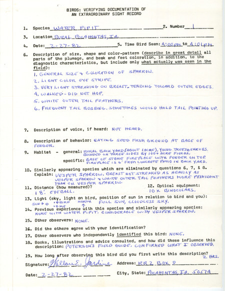 Rare bird documentation form for an American Pipit at Pocahontas in Pocahontas County, IA on February 27, 1982.