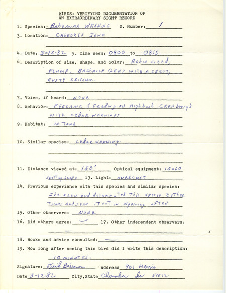Rare bird documentation form for a Bohemian Waxwing at Cherokee in Cherokee County, IA on March 12, 1982.