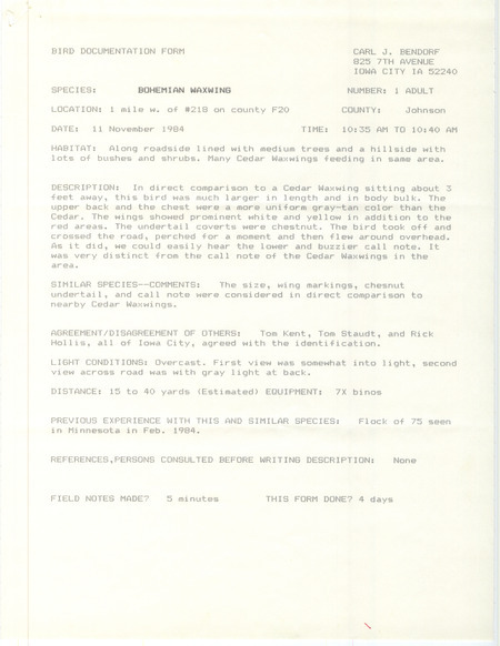 Rare bird documentation form for a Bohemian Waxwing at Iowa City in Johnson County, IA on November 11, 1984.