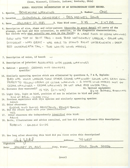 Rare bird documentation form for a Bohemian Waxwing at Glendale Cemetery in Des Moines in Polk County, IA on January 27, 1985.