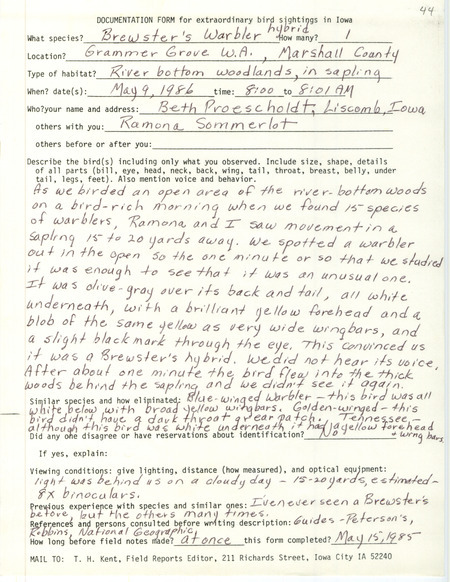 Rare bird documentation form for a Brewster's Warbler at Grammer Grove Wildlife Area in Marshall County, IA on May 9, 1986.