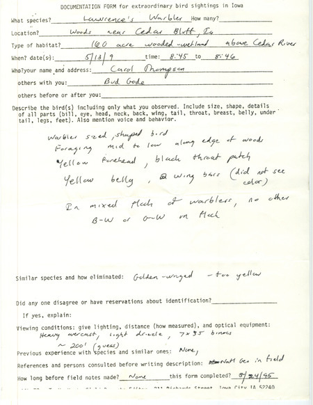 Rare bird documentation form for a Lawrence's Warbler near Cedar Bluff in Cedar County, IA on May 13, 1995.