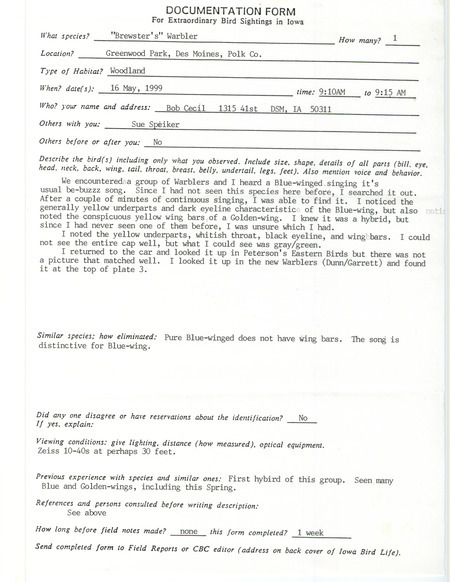Rare bird documentation form for a Brewster's Warbler at Greenwood Park in Des Moines in Polk County, IA on May 16, 1999.