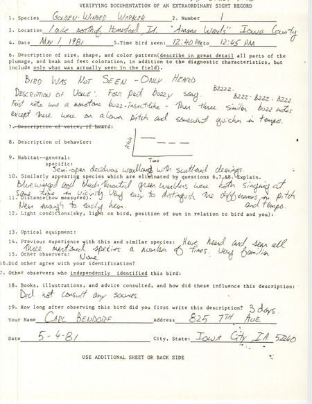 Rare bird documentation form for a Golden-winged Warbler at Amana Woods in Iowa County, IA on May 1, 1981.