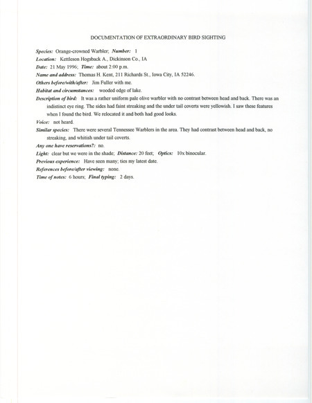 Rare bird documentation form for an Orange-crowned Warbler at Kettleson Hogsback Wildlife Area in Dickinson County, IA on May 21, 1996.