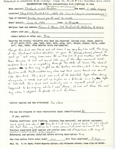 Rare bird documentation form for a Chestnut-sided Warbler near Zaneta in Grundy County, IA on June 16, 1984. It is an addendum to the Iowa Breeding Bird Survey published by the IOU.
