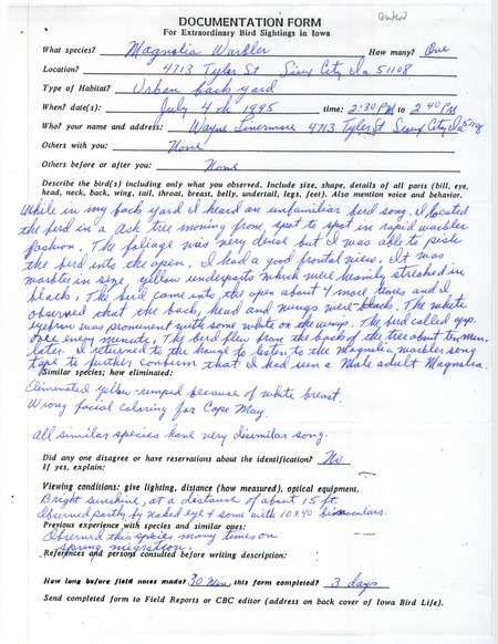Rare bird documentation form for a Magnolia Warbler at Sioux City in Woodbury County, IA on July 4, 1995.