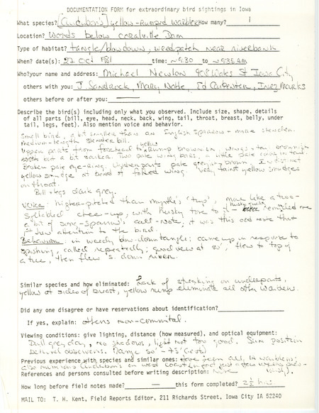 Rare bird documentation form for a Yellow-rumped Warbler at Coralville Dam in Johnson County, IA on October 27, 1981.