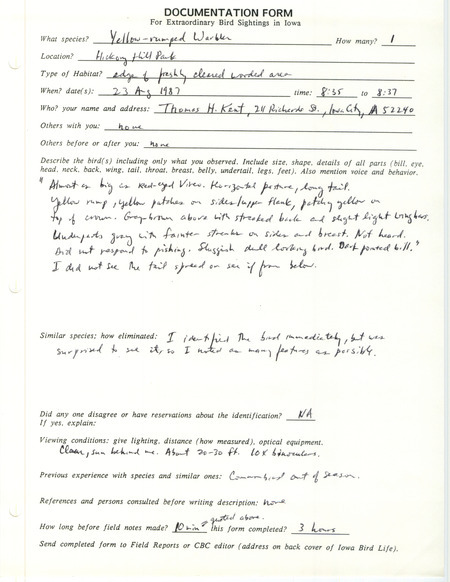 Rare bird documentation form for a Yellow-rumped Warbler at Hickory Hill Park in Johnson County, IA on August 23, 1987.
