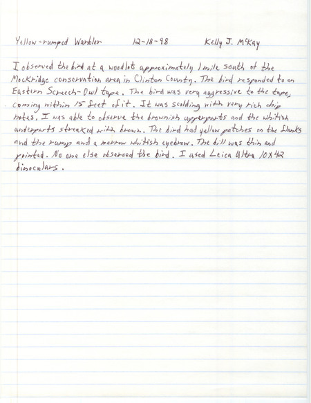 Rare bird documentation form for a Yellow-rumped Warbler south of Mockridge Conservation Area in Clinton County, IA on December 18, 1998.