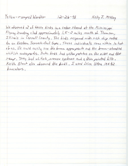 Rare bird documentation form for two Yellow-rumped Warblers at the Mississippi Flyway Hunting Club in Clinton County, IA on December 26, 1998.