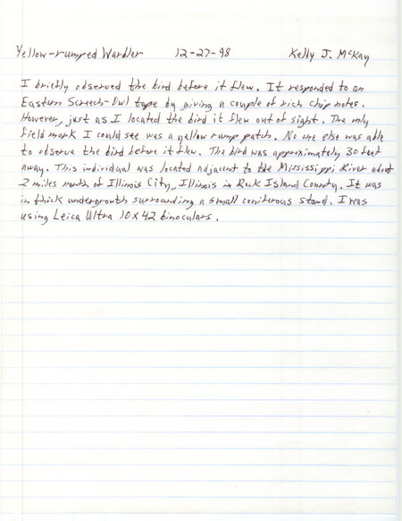 Rare bird documentation form for a Yellow-rumped Warbler near Illinois City in Rock Island County, IL on December 27, 1998.
