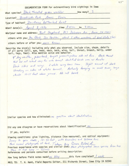 Rare bird documentation form for two Black-throated Green Warblers at Brookside Park in Ames in Story County, IA on April 8, 1986.