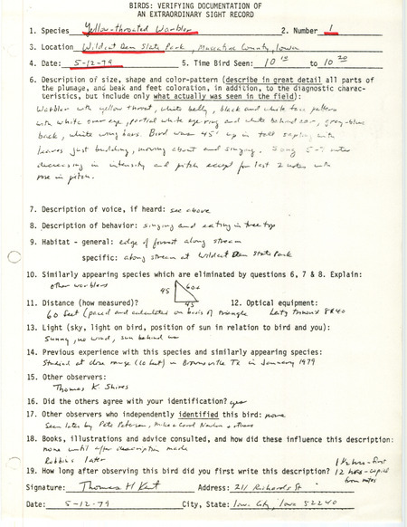 Rare bird documentation form for a Yellow-throated Warbler at Wildcat Den State Park in Muscatine County, IA on May 12, 1979.