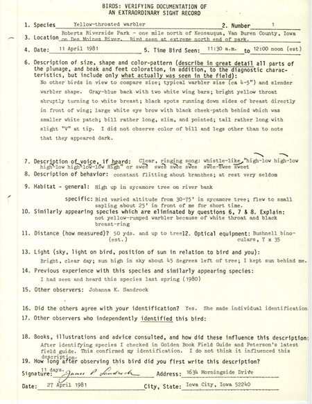 Rare bird documentation form for a Yellow-throated Warbler at Roberts Riverside Park in Van Buren County, IA on April 11, 1981.