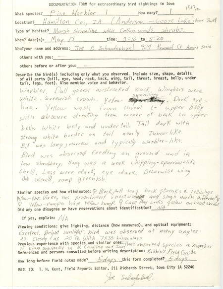 Rare bird documentation form for a Pine Warbler at Anderson Goose Lake in Hamilton County, IA on May 13, 1983.