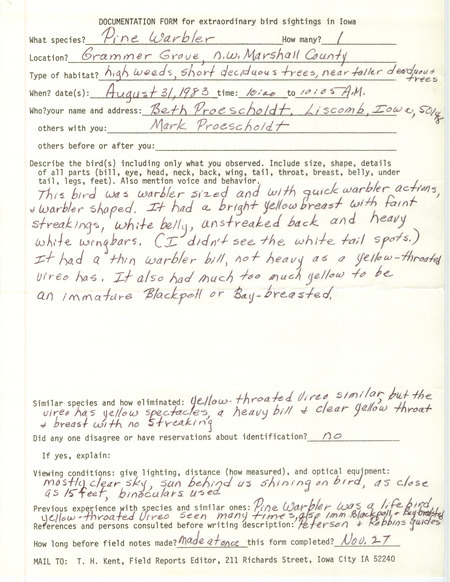 Rare bird documentation form for a Pine Warbler at Grammer Grove County Wildlife Area in Marshall County, IA on August 31, 1983.