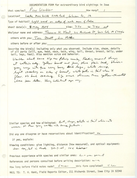 Rare bird documentation form for a Pine Warbler at Lake MacBride State Park in Johnson County, IA on May 4, 1984.