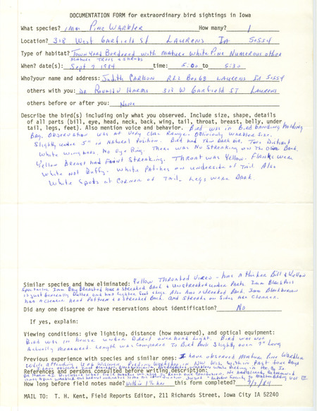 Rare bird documentation form for a Pine Warbler at Laurens in Pocahontas County, IA on September 7, 1984.