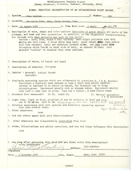 Rare bird documentation form for a Pine Warbler at Brookside Park in Ames in Story County, IA on August 24, 1985.