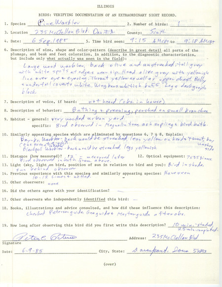 Rare bird documentation form for a Pine Warbler at Davenport in Scott County, IA on September 6, 1985.