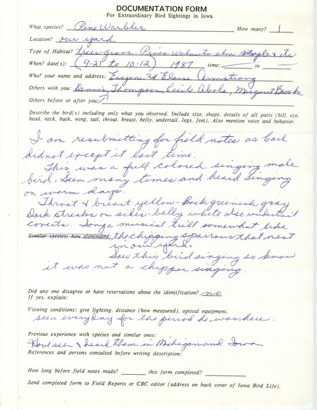 Rare bird documentation form for a Pine Warbler at Booneville in Dallas County, IA on September 21 to October 12, 1987.