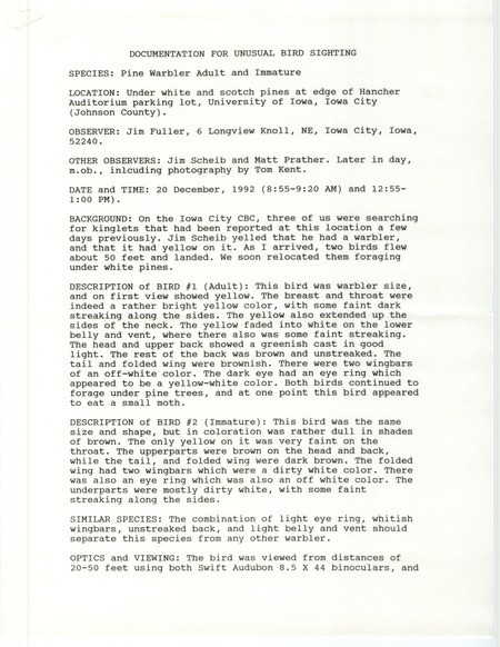 Rare bird documentation form for two Pine Warblers at Hancher Auditorium at the University of Iowa in Johnson County, IA on December 20, 1992.